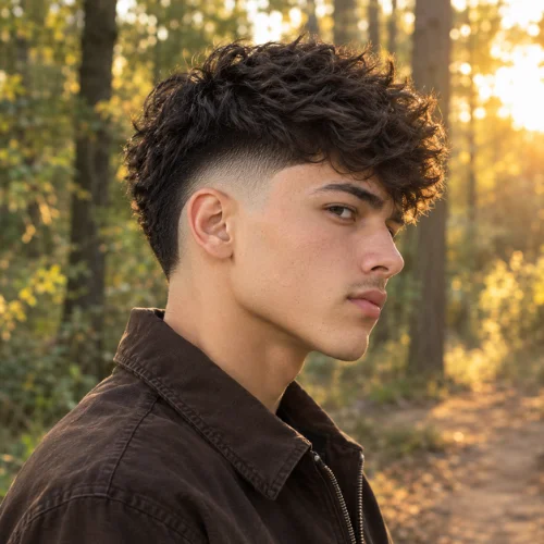 Young man with a textured burst mid fade in a sunlit forest.
