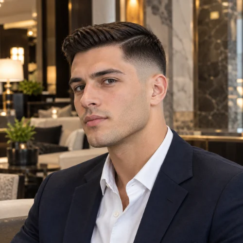 Short mid fade comb over with a defined side part and neatly styled hair.