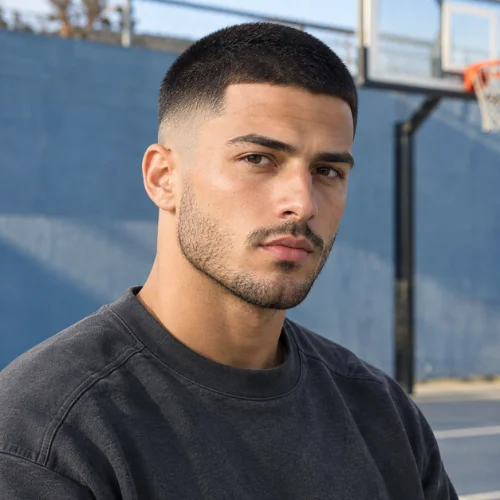 Buzz cut with a mid fade, featuring evenly cropped hair and clean faded sides.