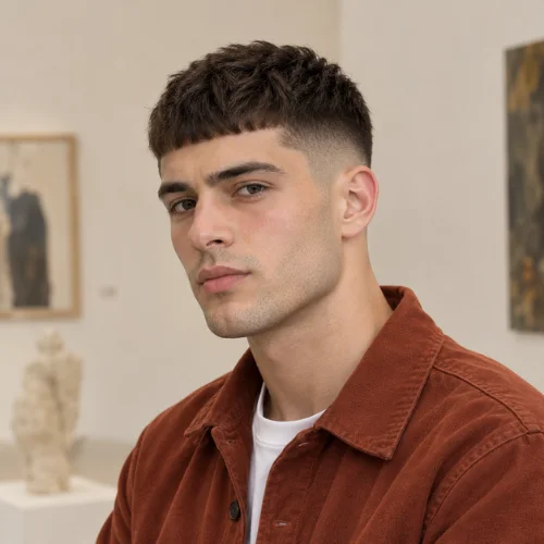 Short French crop with a mid fade, textured top, and short forward fringe.
