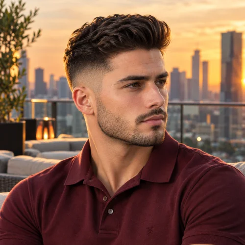 Short quiff pompadour with a mid fade and neatly styled upward volume.