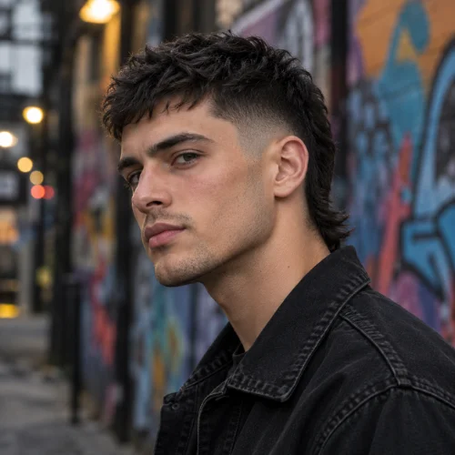 Short mid fade mullet with faded sides, textured top, and a slightly longer back.