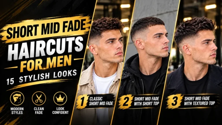 **Alt text:** “Bold black-and-gold thumbnail featuring three men with stylish short mid-fade haircuts, with text reading ‘Short Mid Fade Haircuts for Men – 15 Stylish Looks’ and labels for three haircut styles.”