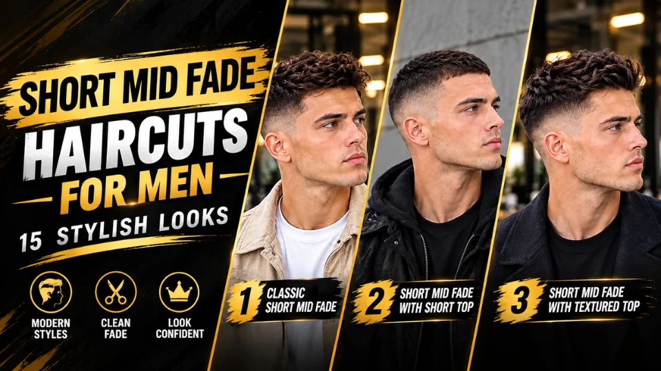 **Alt text:** “Bold black-and-gold thumbnail featuring three men with stylish short mid-fade haircuts, with text reading ‘Short Mid Fade Haircuts for Men – 15 Stylish Looks’ and labels for three haircut styles.”